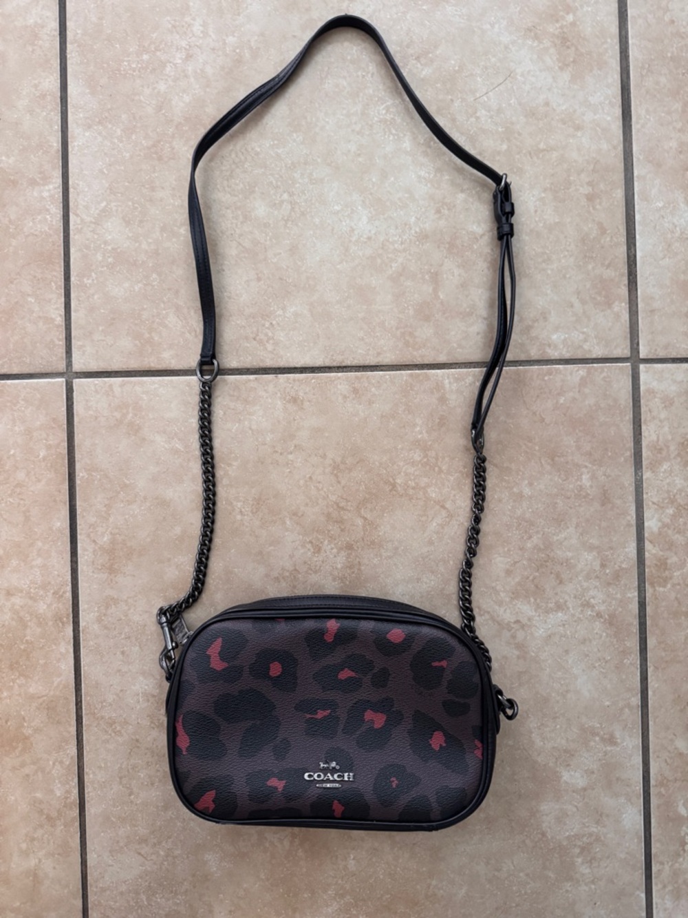 Coach Black Crossbody with Burgundy Leopard Print